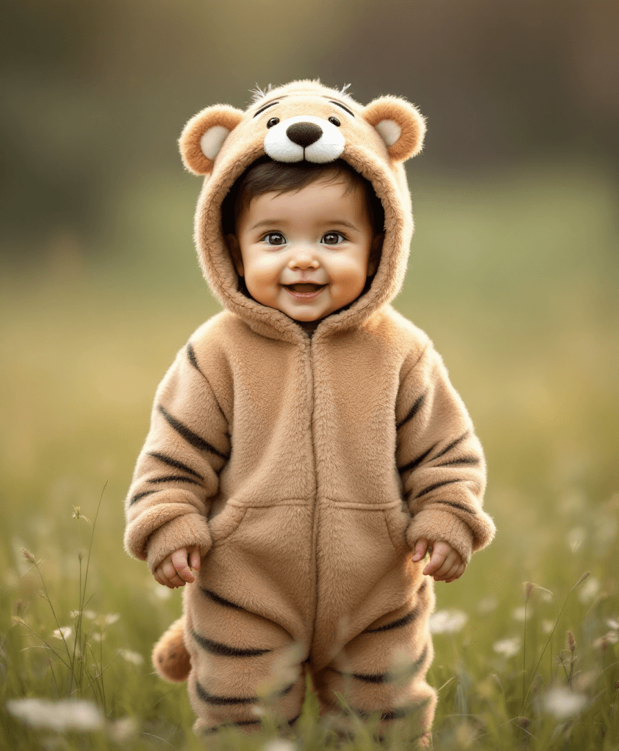 AI generated: A hyper-realistic image of a baby dressed in an adorable animal-themed costume, such as a fluffy bea...