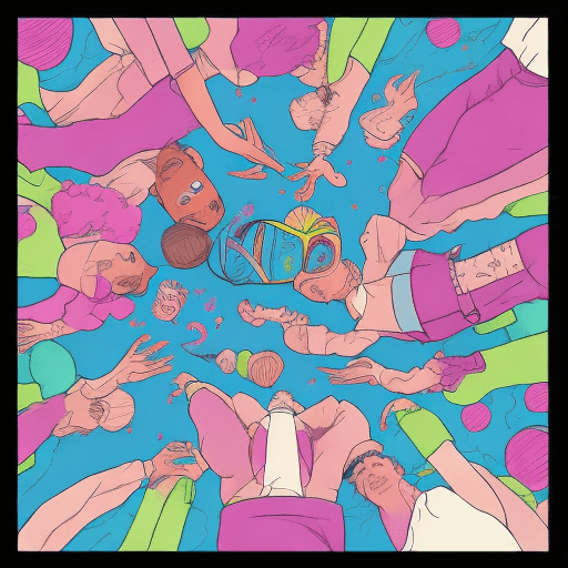 AI generated: pop album cover young, adults in pink and blue outfits dancing on a green backfrop, 16k
