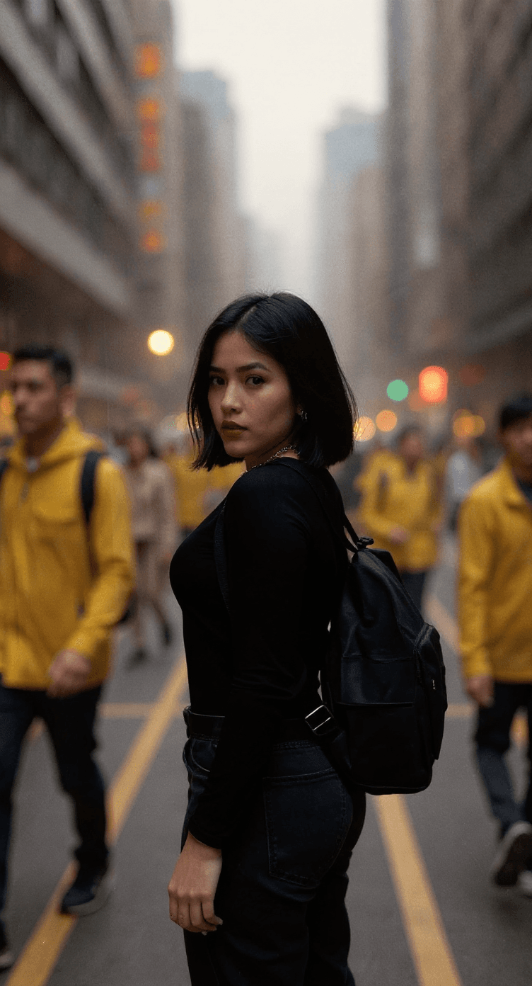 AI generated: photography, candid shot, far range angle, capturing the urban vibe, single focused professional fem...