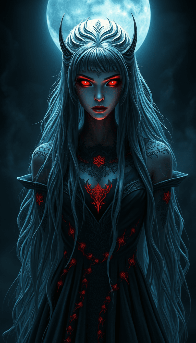 AI generated: A dark, mystical queen stands in the foreground, her piercing crimson eyes glowing with an otherworl...