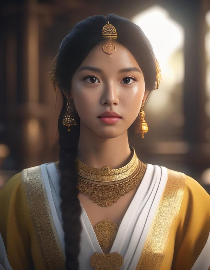 AI generated: a young Indonesian girl, immortal, historical, yellow hair, majapahit kingdom setting, beautiful, se...