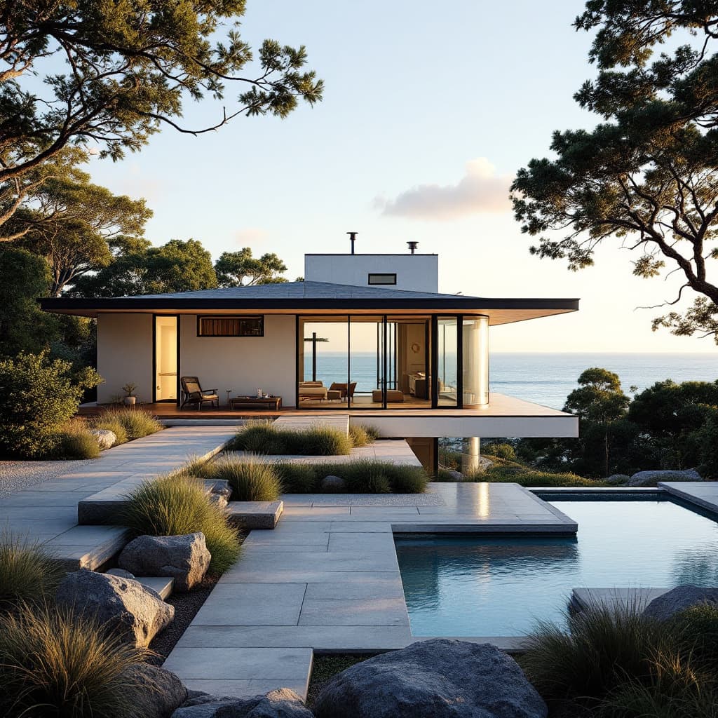 AI generated: Hyper realistic eye level exterior photo of a mid century modern style house overlooking the ocean, ...