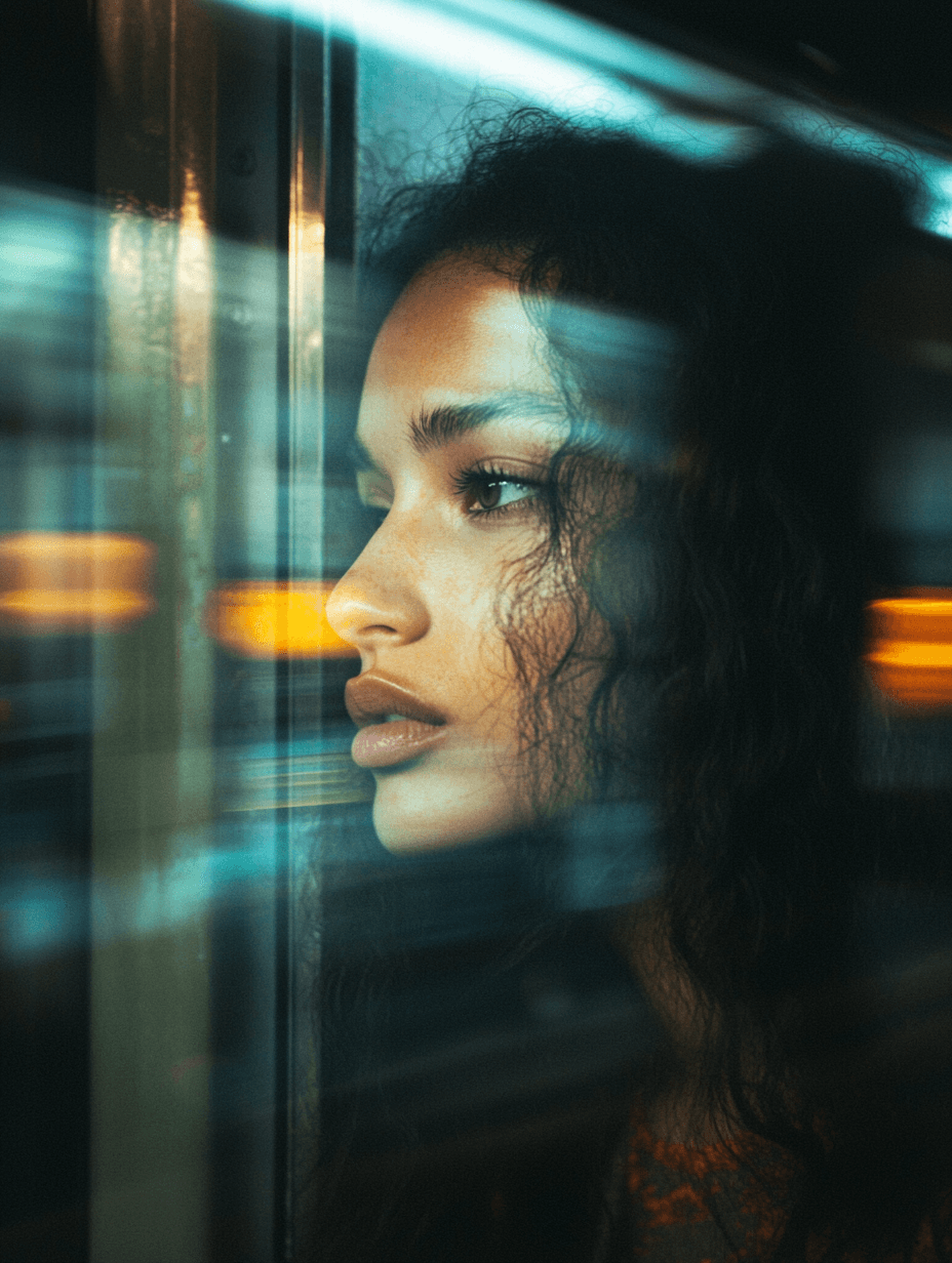 AI generated: A blurry photograph of an attractive woman standing on the subway, her reflection visible in the tra...