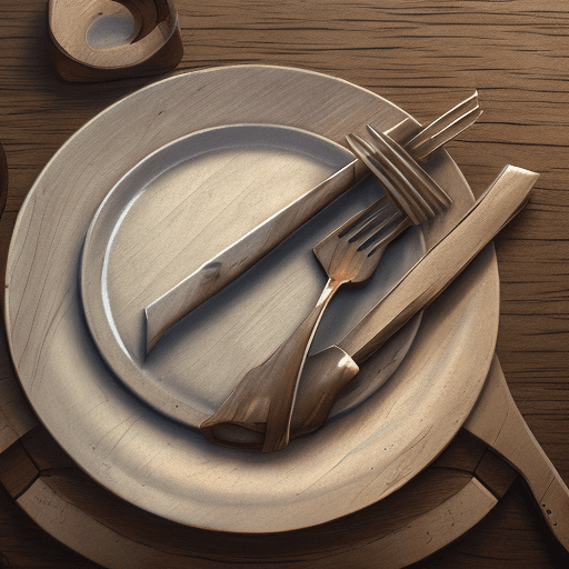 AI generated: a broken plate on a wooden table, a fork and a knife beside the plate, cinematic, hyper realism, hig...