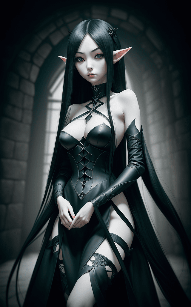 AI generated: (japanese beauty elf, long straight hair, hourglass body, black casual dress), (gothic, dungeon Back...