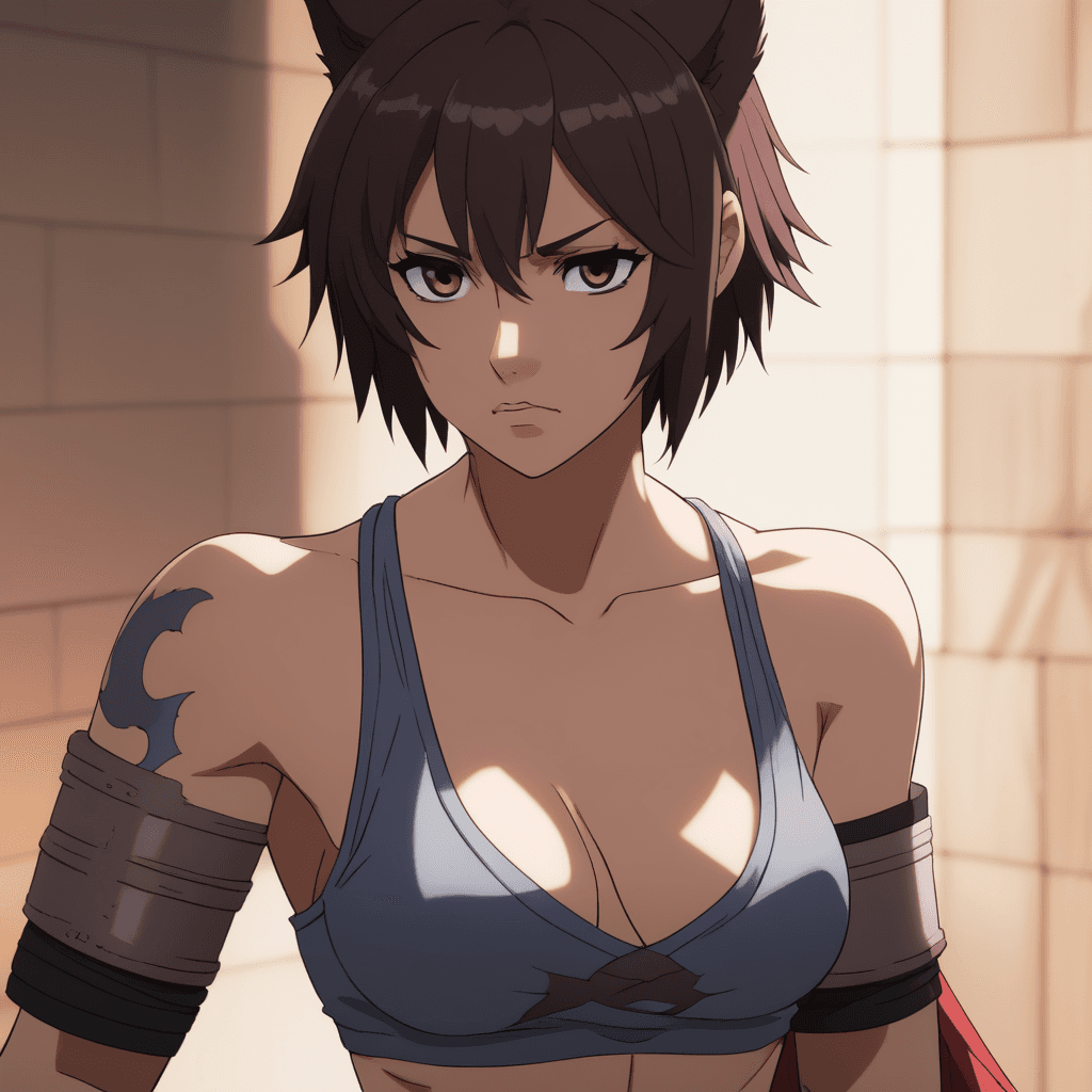AI generated: masterpiece, anime, hires, barbarian, werewolf, short hair, , fit, sad, female,