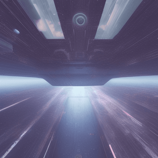 AI generated: force perspective, floor of a cyberpunk spaceship, raindrops, distant thunderstorm, looking into out...