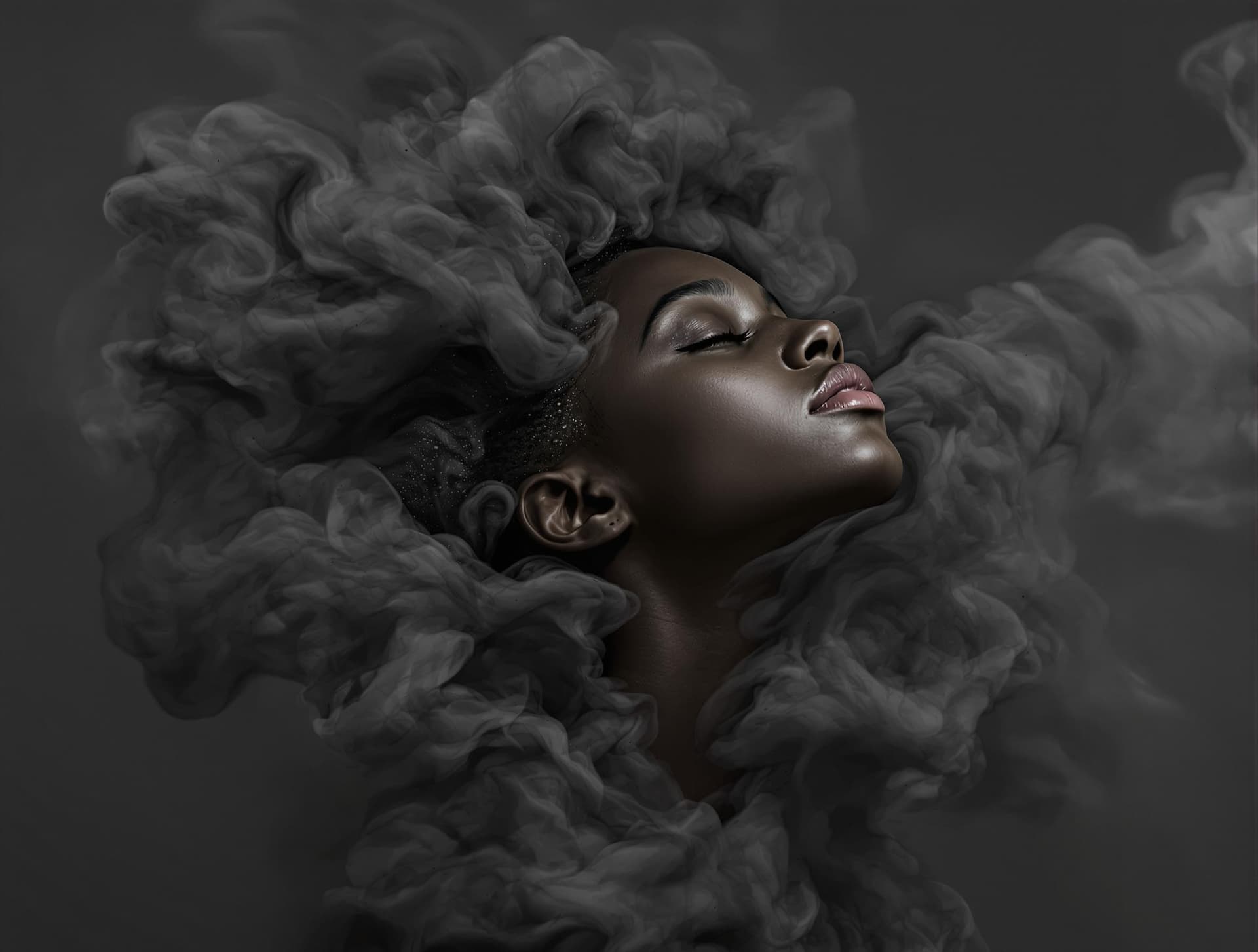 AI generated: Cottony black clouds, resembling smoke or mist, The background is a muted, dark grey,