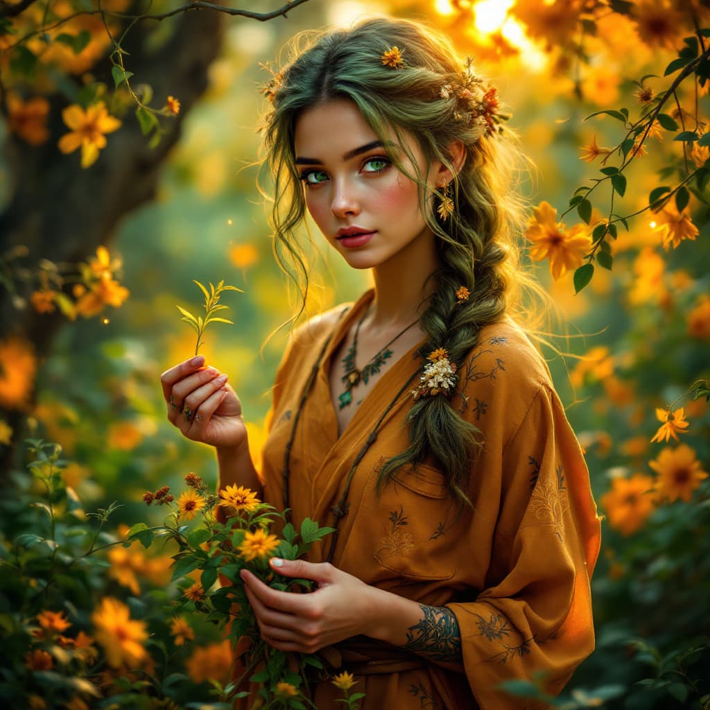 AI generated: An ultra-realistic, full-body action shot of a captivating ochre herbalist, radiating natural wisdom...