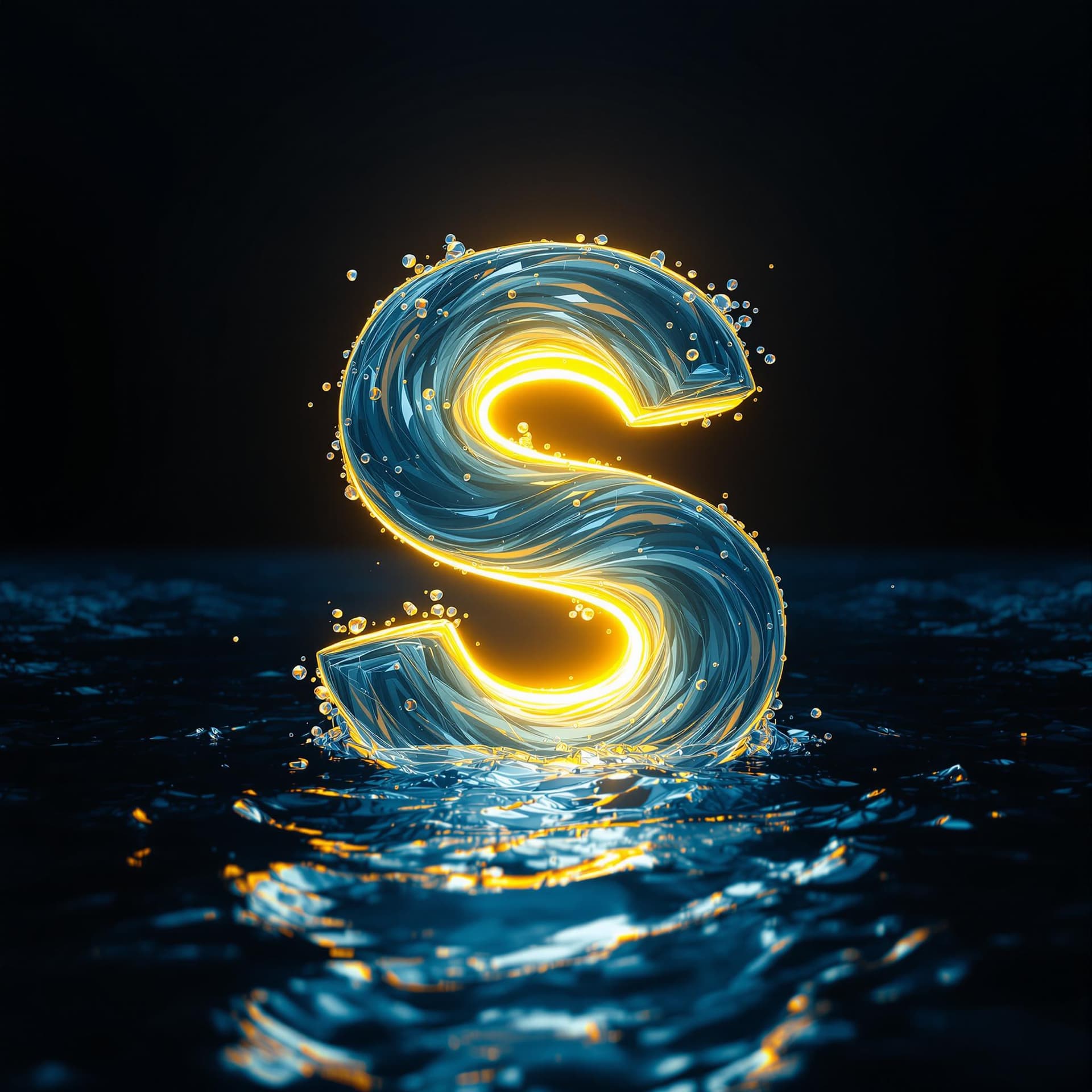 AI generated: 3D render of the letter [S], periwinkle and canary yellow color blend, swirling water currents, brig...