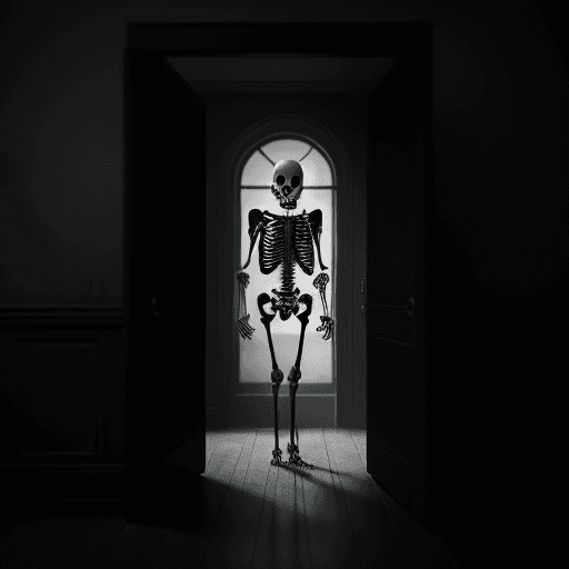 AI generated: skeleton standing in a open door, eerie mood, dark lighting, evil,  cinematic, hyperrealism, high de...