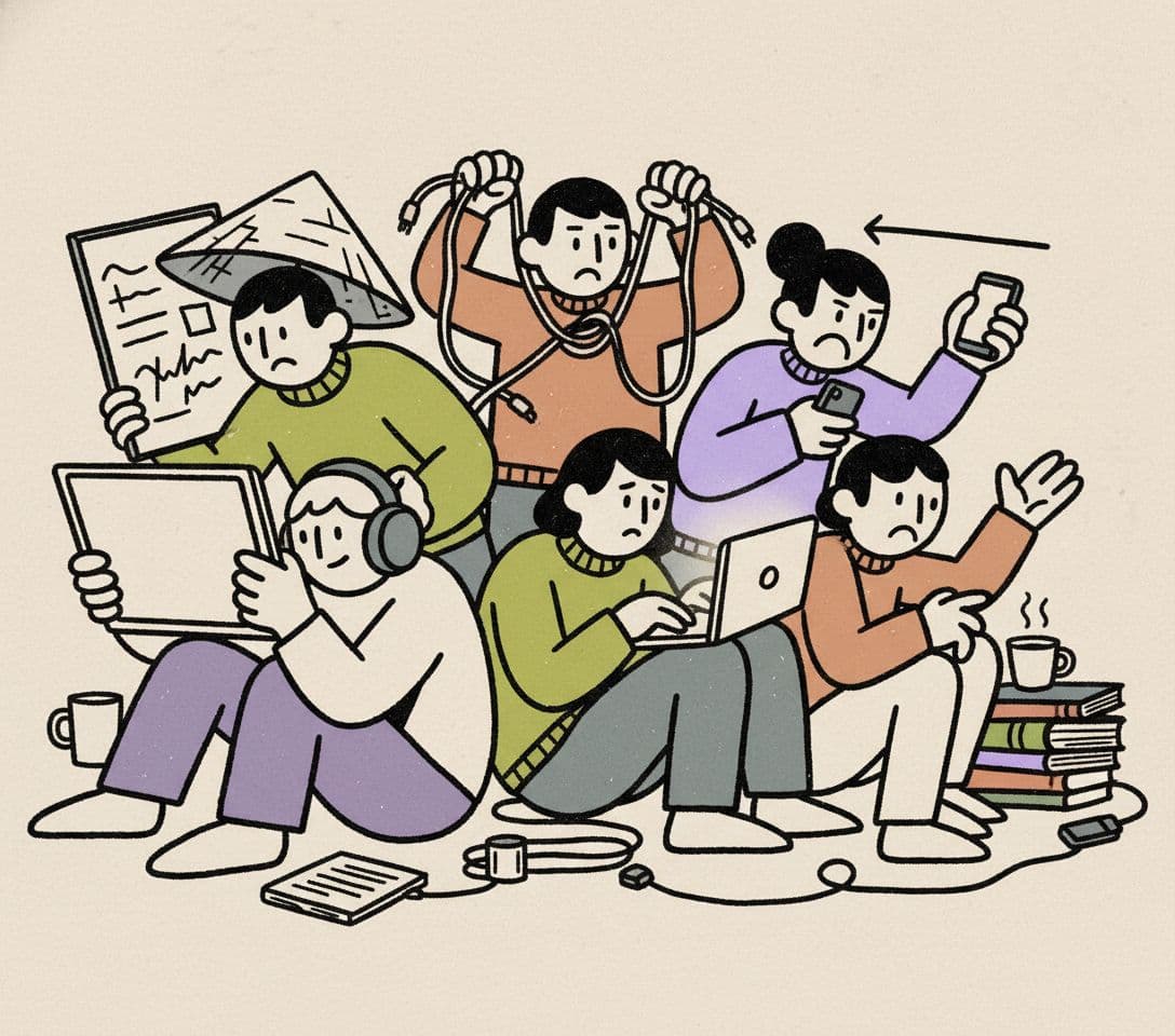 AI generated: create an image of freelancers working using a rough, line, vector, stylized faces. o