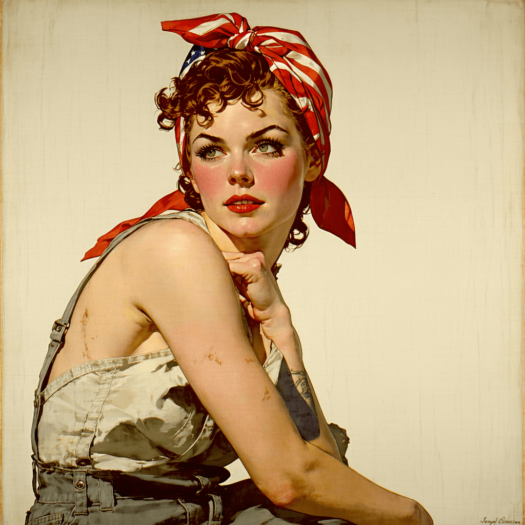 AI generated: Cover art quality illustration by ((Joseph Christian Leyendecker)), a Rosie the Riveter, fashion pos...