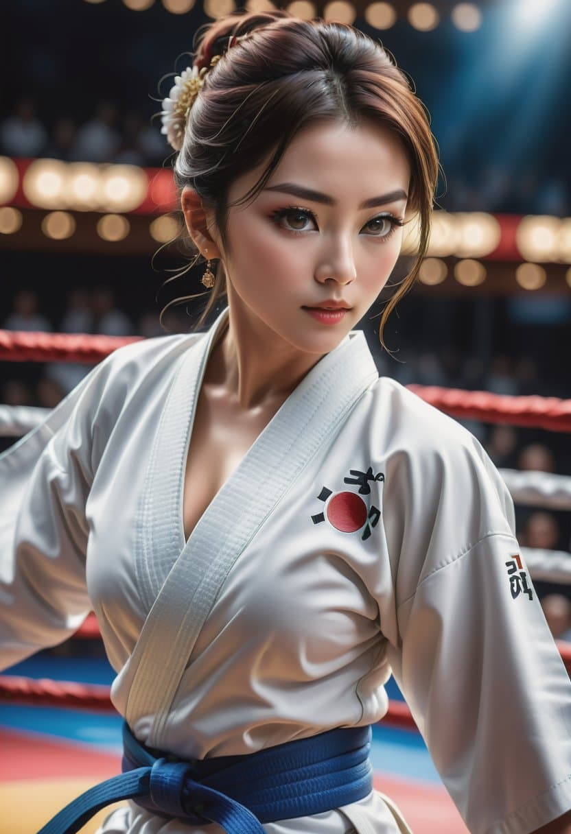 AI generated: Action-packed, hyper realistic to a (Taekwondo fighters:1.3), (white kimono:1.2), (fighting ring and...