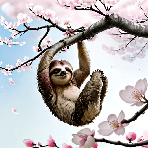 AI generated: Describe a peaceful scene of a sloth resting on a branch of a blooming sakura (cherry blossom) tree....