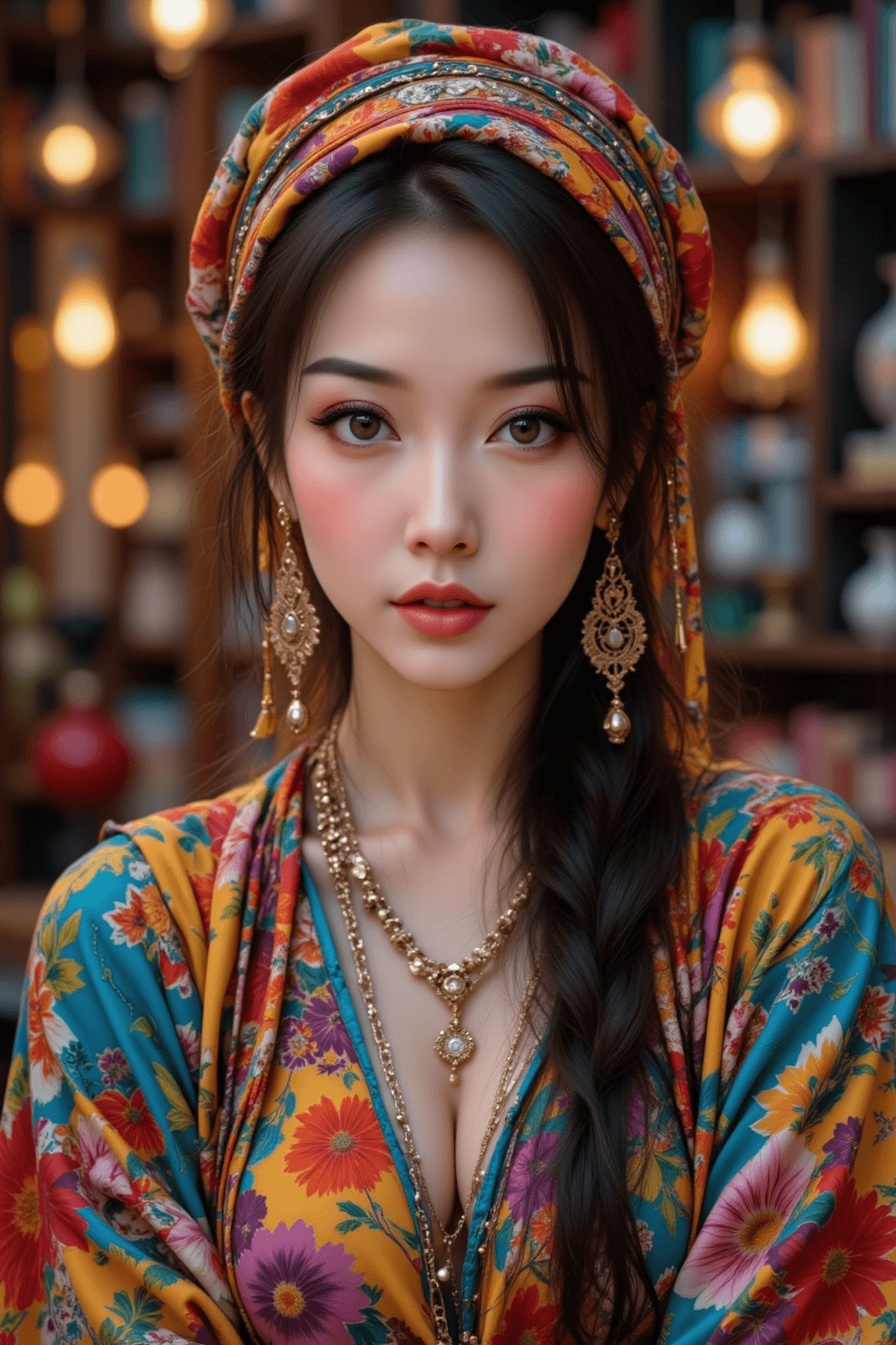 AI generated: an eclectic 20 years old chinese woman with vivid colourful makeup, posing, wearing bohemian clothin...