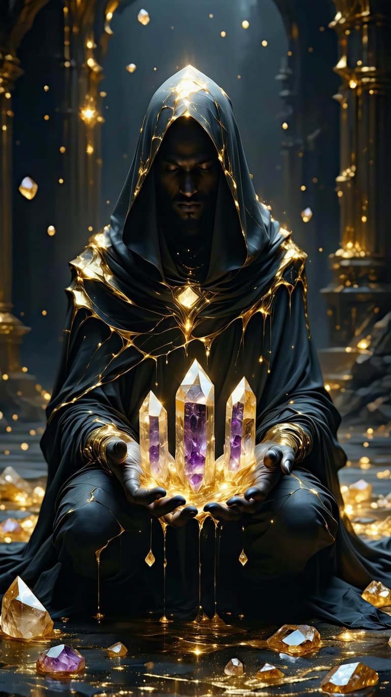 AI generated: A regal figure, cloaked in a liquid gold mantle, clutches **four crystalline pentacles**, their fing...