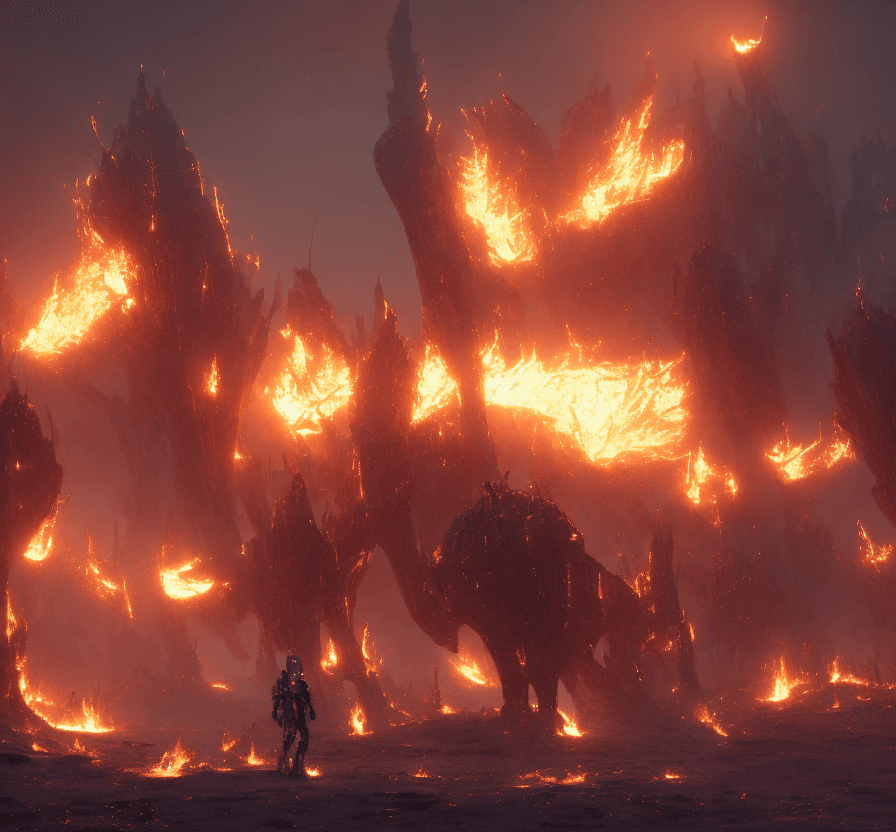 AI generated: 2  iron Mech are walking thru the big fire on a desert snowy planet . Electric sparks. s. 8k, intric...