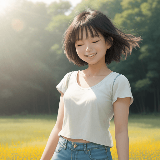 AI generated: Asian girl in a white short-sleeved top and denim shorts, smiling with eyes closed, in the sunlight,...