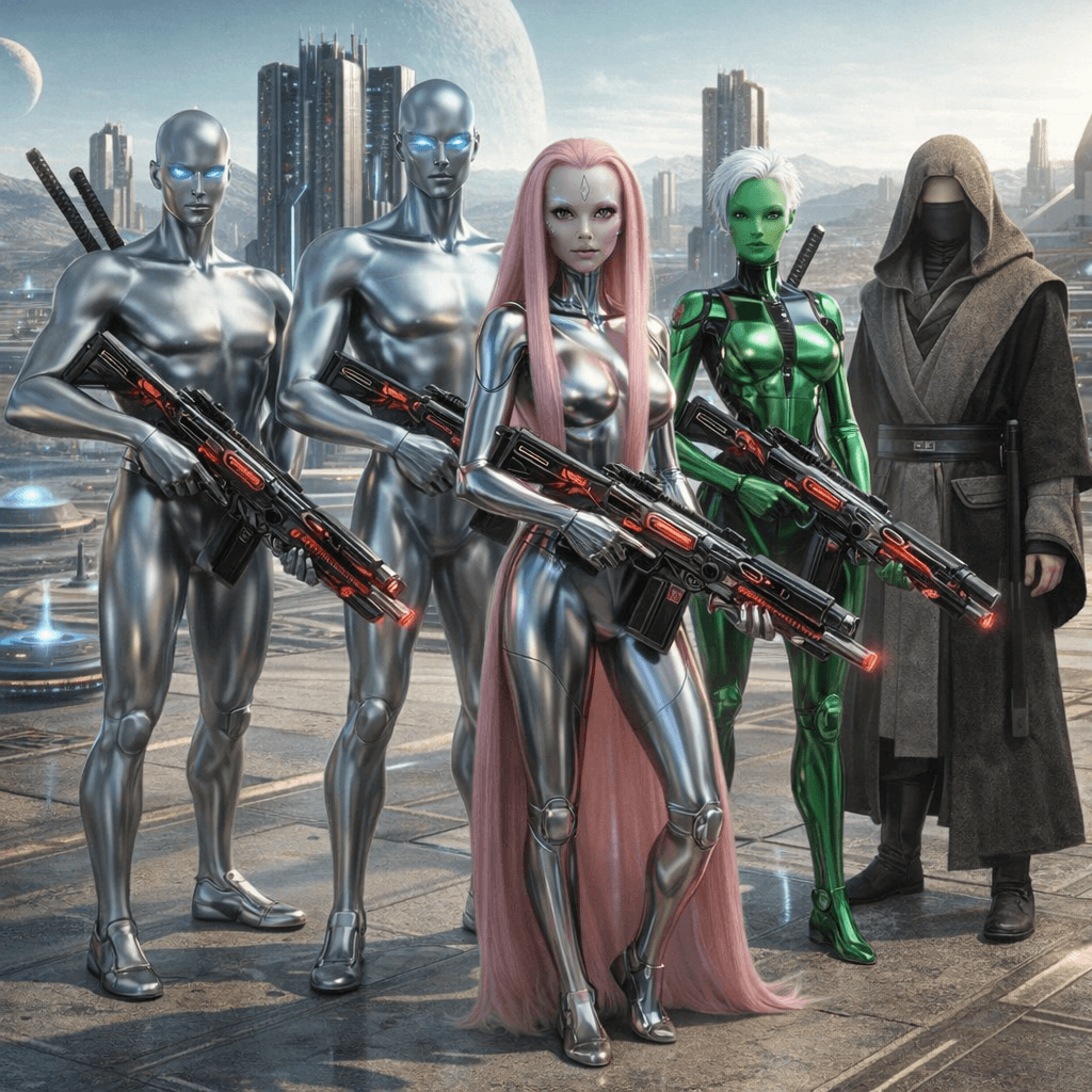 AI generated: Create an image of Vitari Characters in reference images one, two, and three, Standing, posing, with...