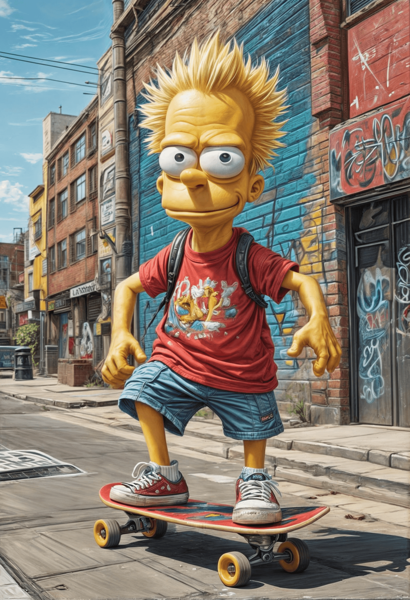 AI generated: The image is a humorous, exaggerated caricature of Bart Simpson. He has oversized, mischievous eyes ...