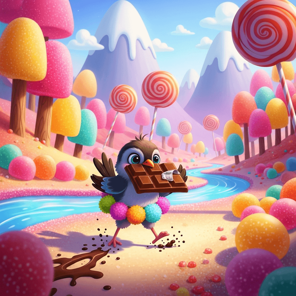 AI generated: un pajaro con falda de pompones  caminando hacia el mundo de los  caramelos  comiendo mucho  chocola...