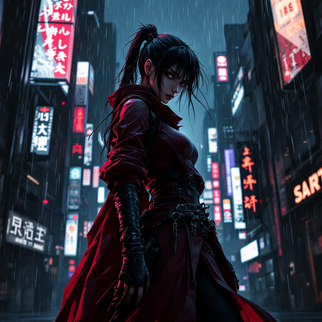 AI generated: a female assassin ninja in red and black ninja outfit, at night, black and red buildings , cyberpunk...