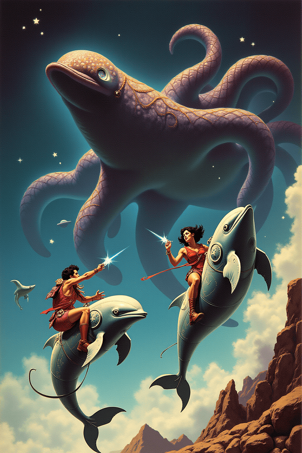 AI generated: A dynamic 1960s sci-fi style illustration showing a man and a woman riding armored dolphins in a fie...