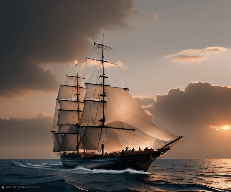 AI generated: Photo of a ultra realistic sailing ship, dramatic light, pale sunrise, cinematic lighting, battered,...