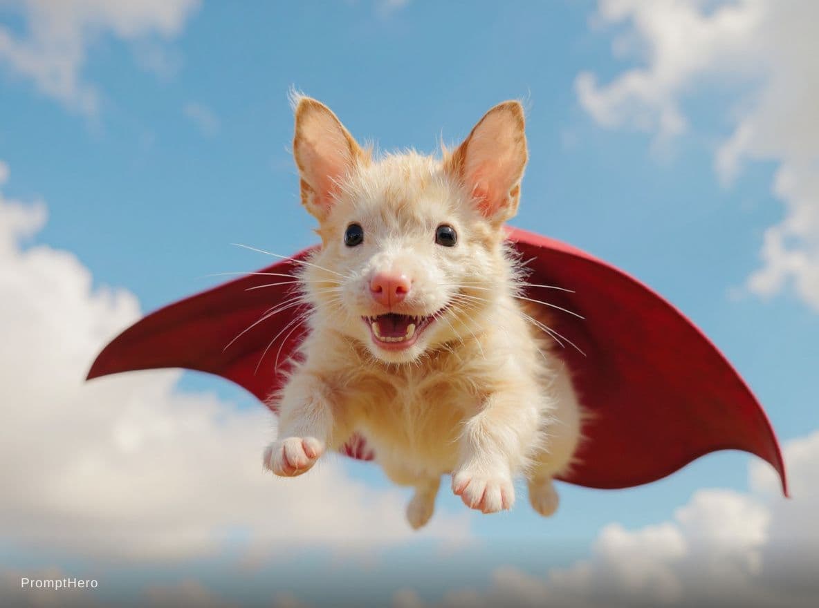 AI generated: white dog like the reference, flying happy like a superhero 
