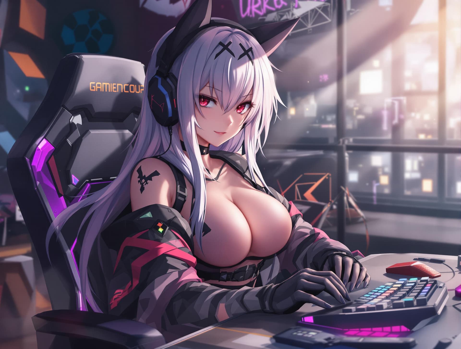 AI generated: *Hentai anime style*

Gamer girl Body, gamer clothes revealing. Gaming