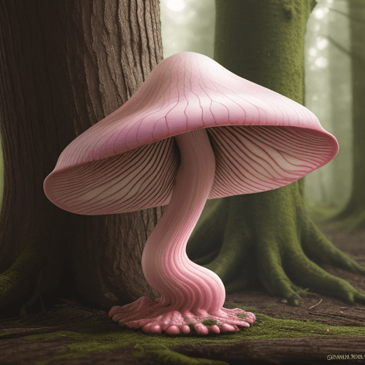 AI generated: pink wavy fungi on a tree in the wood, photorealistic, 