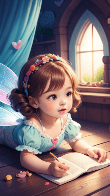AI generated: heart, child, playful, innocence, vibrant colors, glowing, magical, animated, storybook, charming, n...