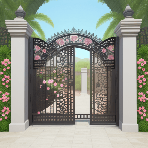 AI generated: open openwork gate, covered with flowers, gate to paradise, presence effect, 3D
