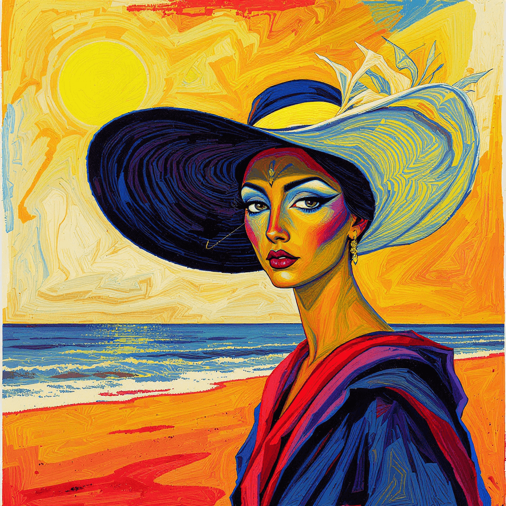AI generated: dessin animé avec un visage d'une femme avec un large chapeau et une écharpe qui vole au vent coloré...