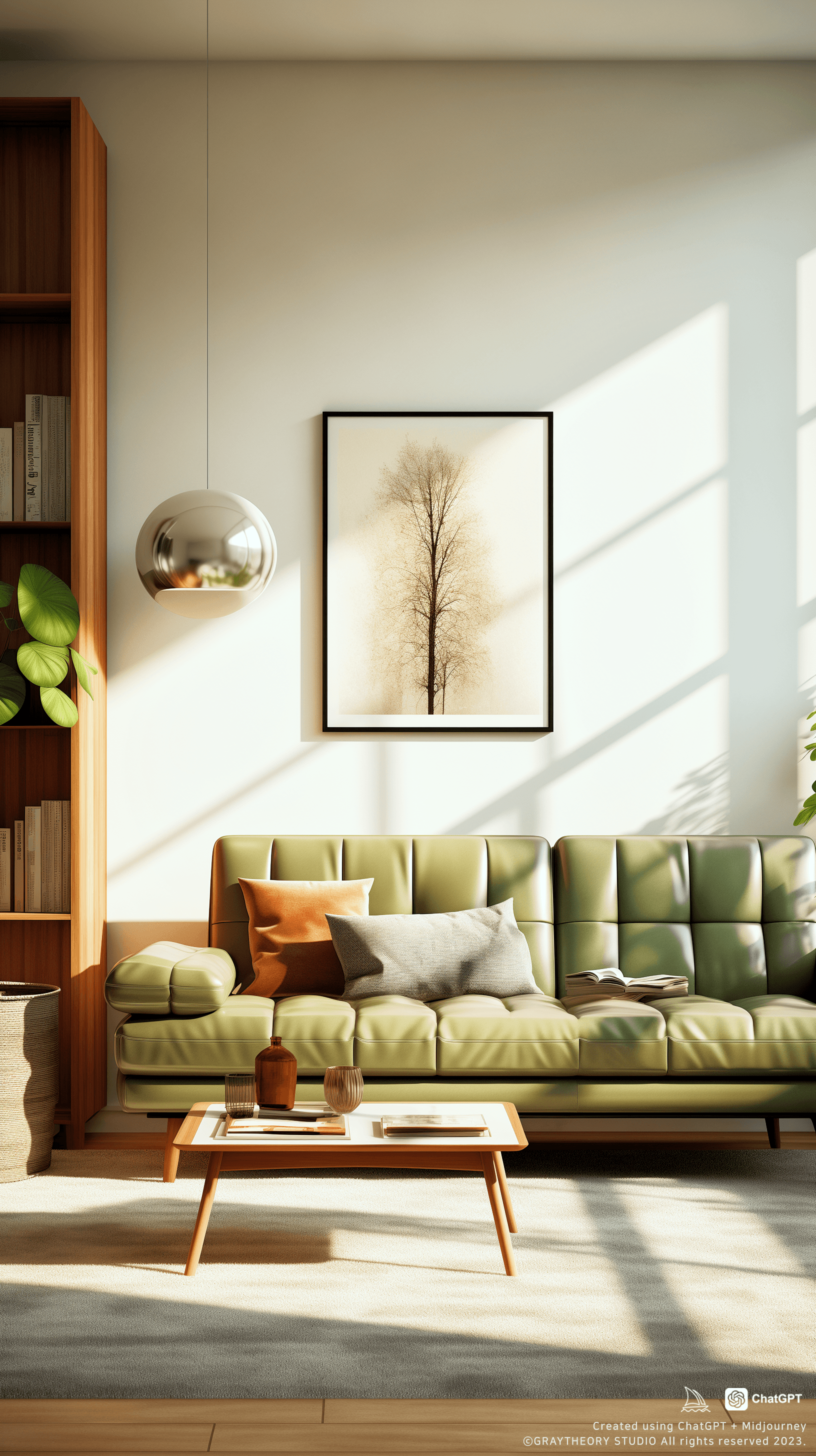 AI generated: small living room, minimalistic, Pinterest style, clean, sleek, 3d rendered, ultra-realistic, olive ...