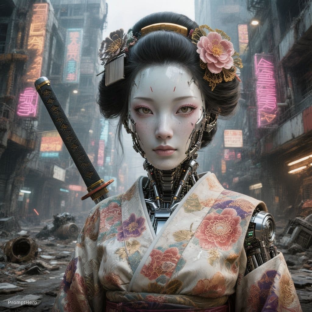 AI generated: High resolutions.Hyperdetailed cyborg humanoid robot young geisha in the street of a post-apocalypti...