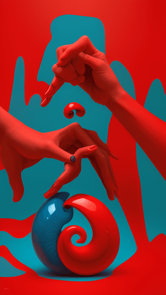 AI generated: one two hands bending down to reach a red object, in the style of vibrant compositions, snailcore, p...