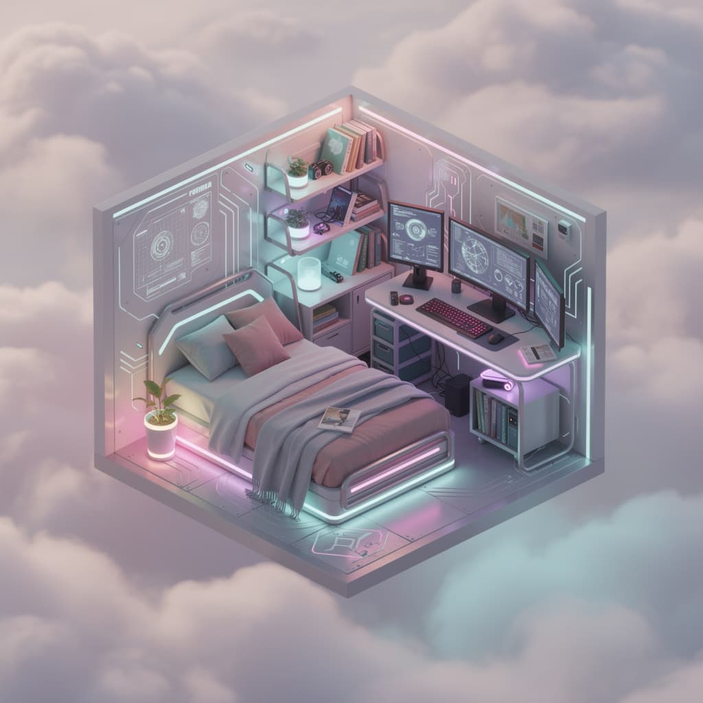 AI generated: Backround to be in cute fluffy clouds ,cute isometric cyberpunk bedroom, cutaway box, futuristic, hi...