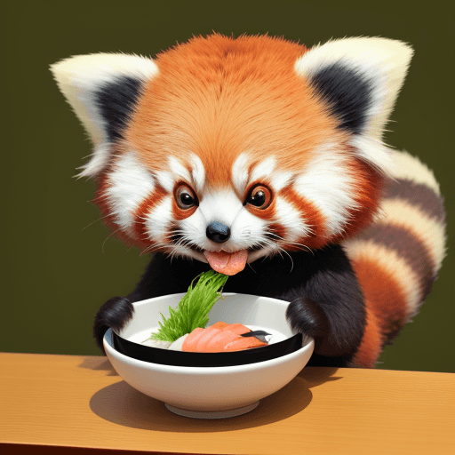 AI generated: red panda, cute appearance, docile character, big eyes, round ears, flat face, thick tail, vivid, fu...