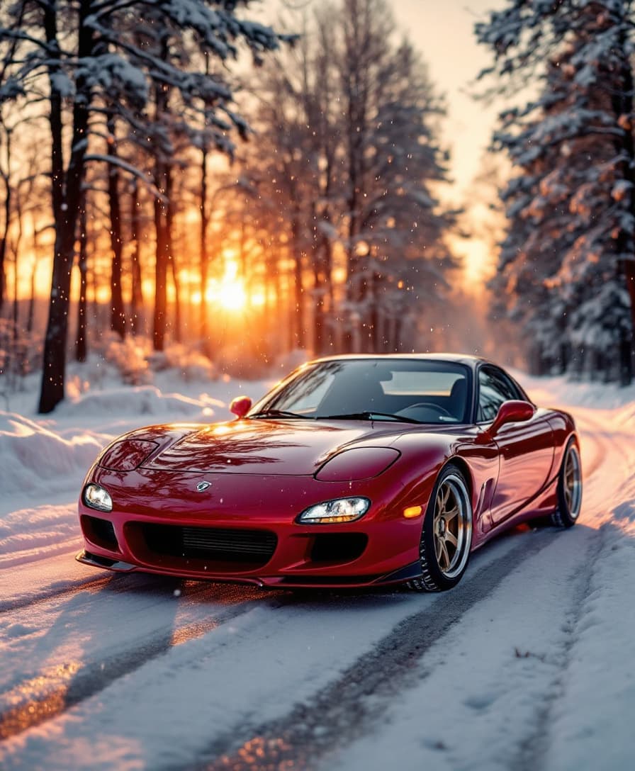 AI generated: A sleek, red RX7 sports car parked on a snow-covered road, glistening under the soft, golden light o...