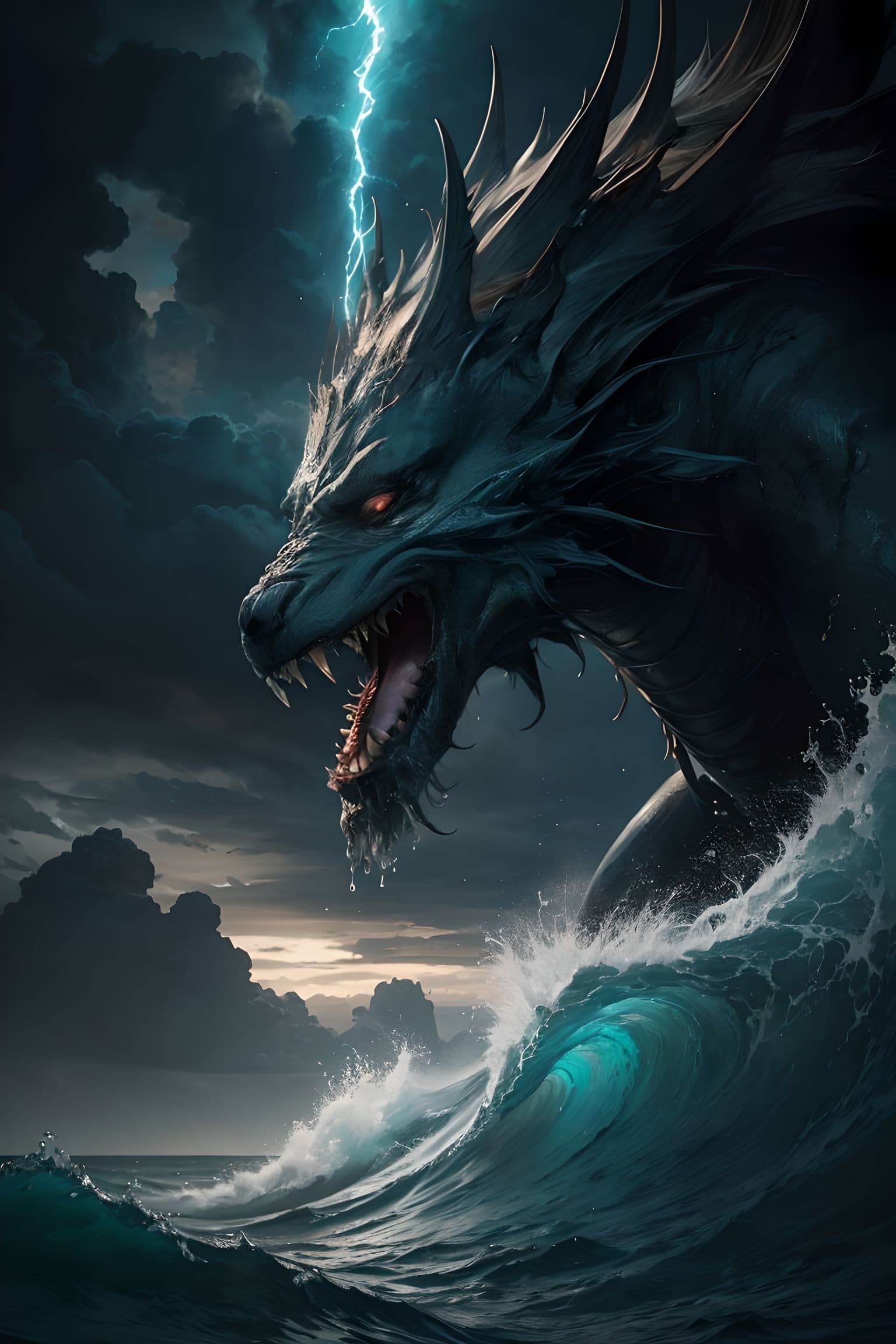 AI generated: God of the sea(greek roman mythology:Poseidon),In the endless blue sea,A proud and pious appearance,...