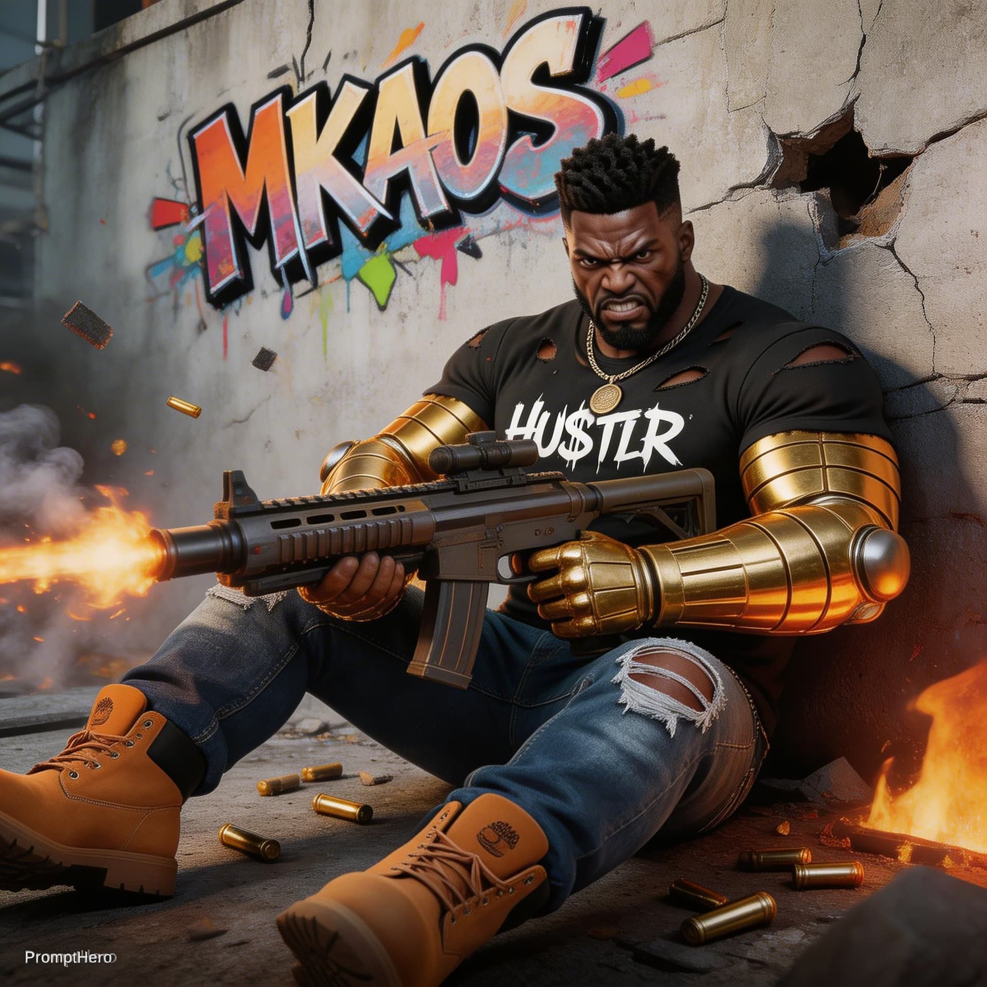 AI generated: POV front view gritty 3d illustration of angry looking african american man sitting on the ground wi...