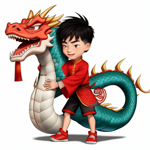 AI generated: A cartoon version of a Chinese boy with a cartoon Chinese dragon wrapped around him