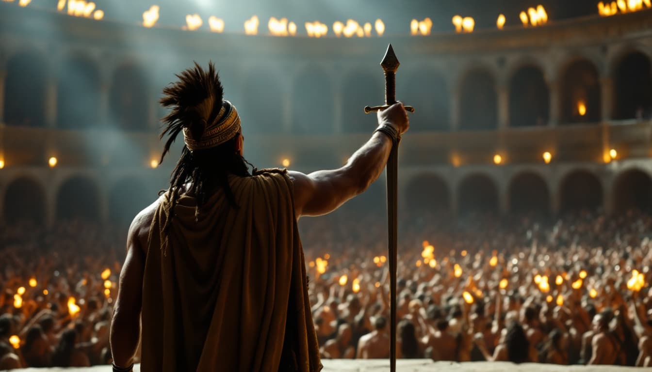 AI generated: Over-the-Shoulder Shot – The Lead Singer Looking at the Arena Crowd (Medium Shot, Over-the-Shoulder,...
