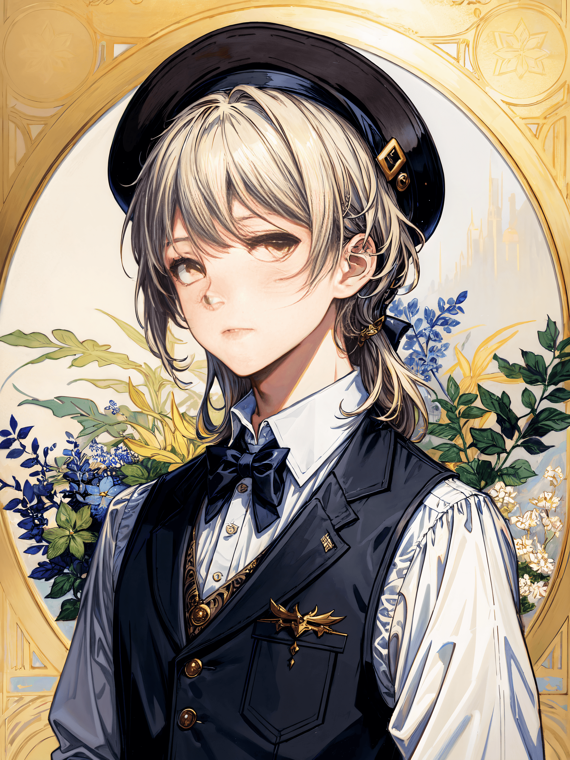 AI generated: 1 boy, Dark Fantasy, vest, collar, sky pirate attire, pale hair, bright yellow eyes, (art by alphons...