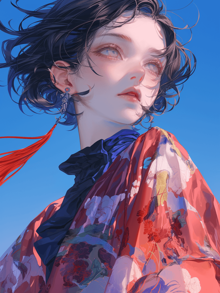 AI generated: shorthaired anime girl, wearing flowing fabric shirt, wearing earrings, shot in Looking up perspecti...