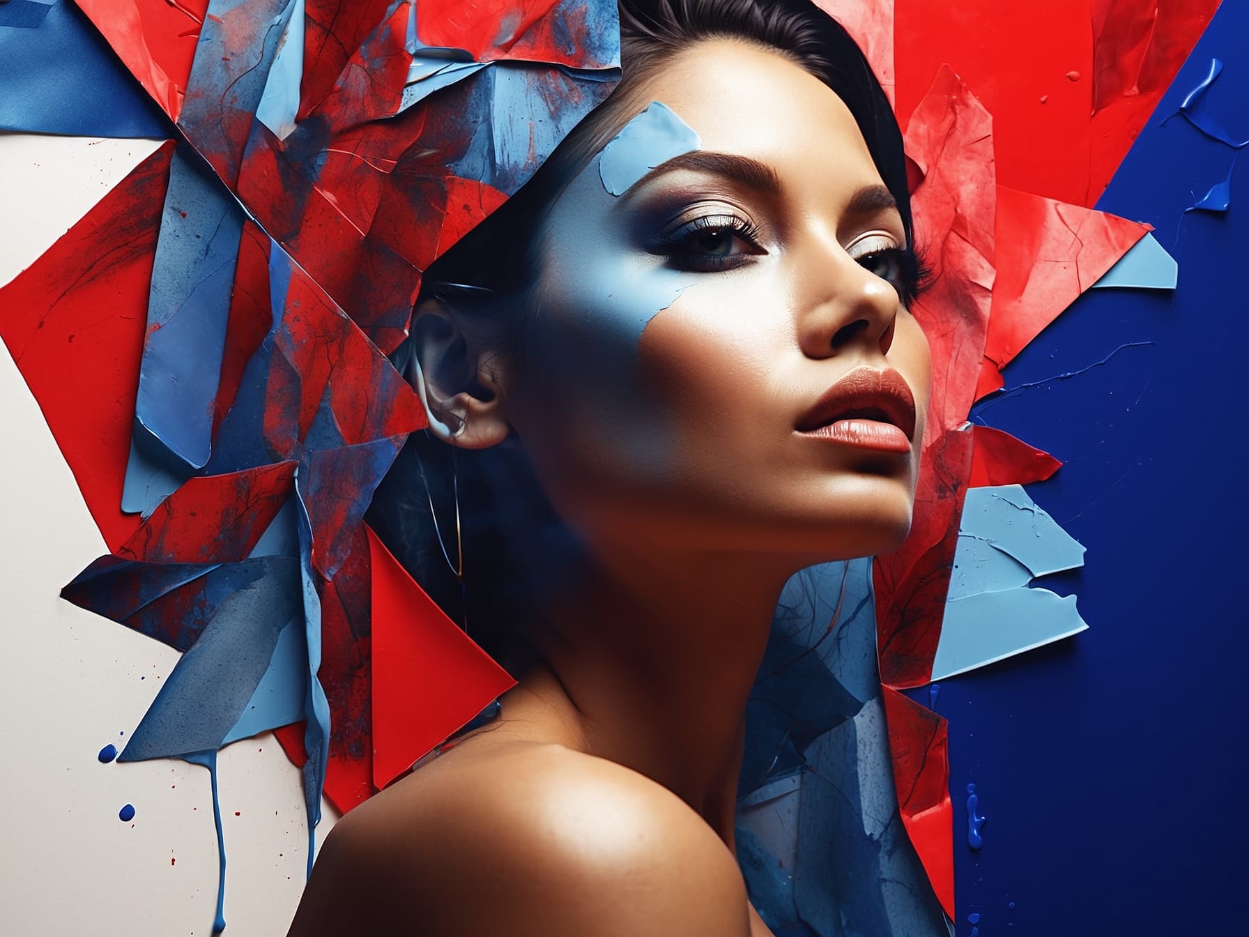 AI generated: a woman with blue and red paint on her face, an airbrush painting by William Berra, behance, geometr...
