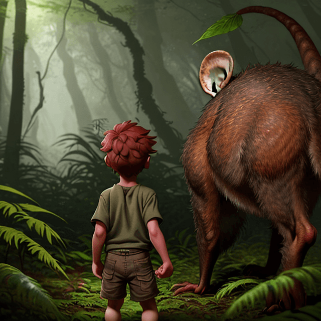 AI generated:  a young prehistoric boy sees a back of red rat hiding in  a prehistoric forest, behind the leaves, ...