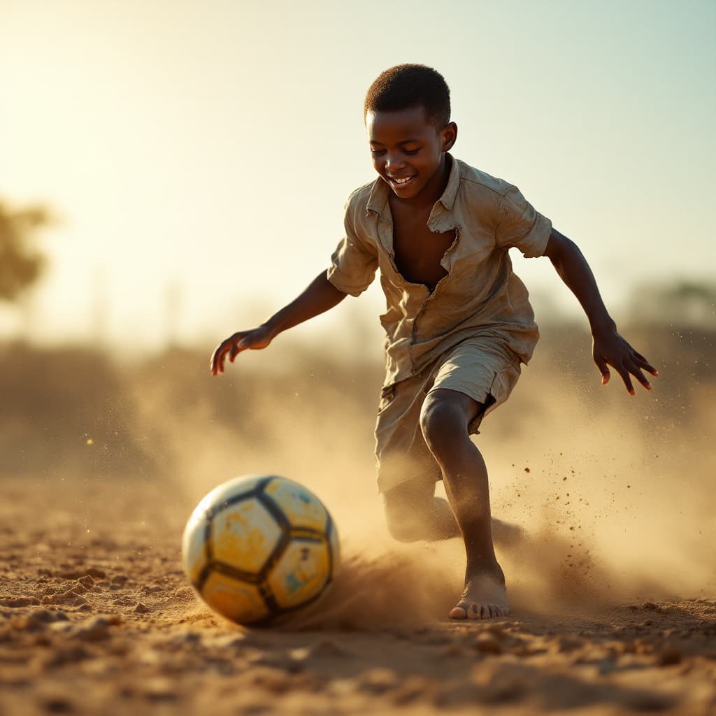 AI generated: A hyper-realistic 8K image of a young African boy playing soccer barefoot on a dusty field under the...